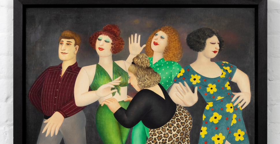 ainting of five stylized figures in colorful outfits, including green, red, and floral patterns, with exaggerated hand gestures against a dark background in a black frame.